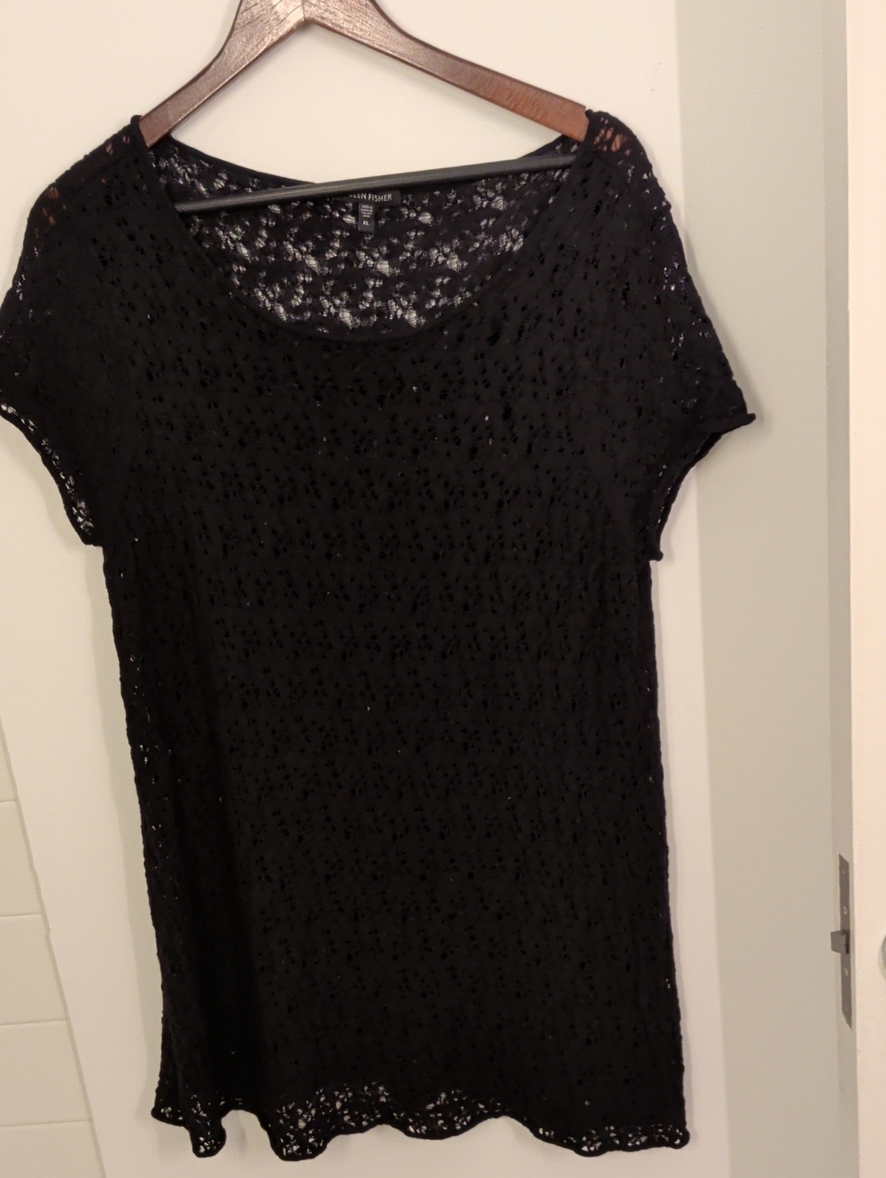 Eileen Fisher Black Lace Short-Sleeve Scoop Neck Top